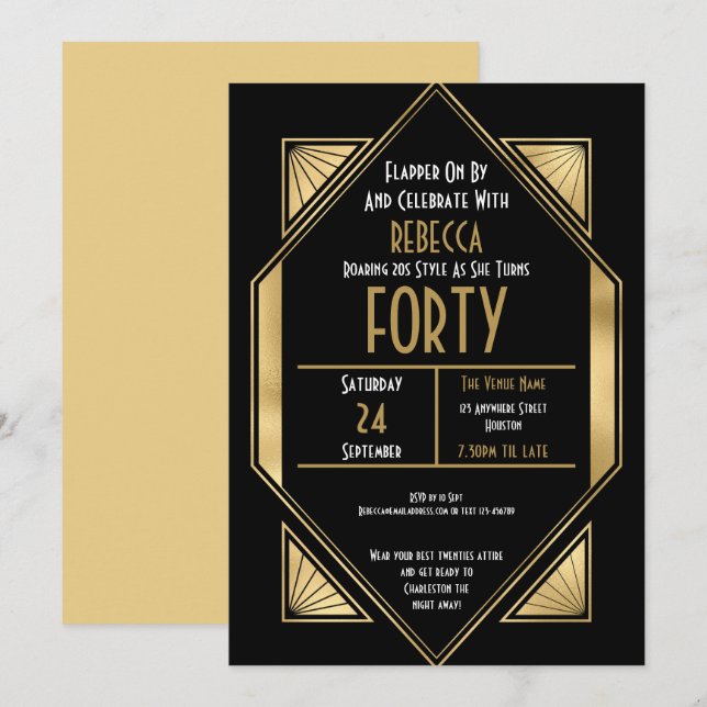 Art Deco Frame 40th Birthday Gold Black Invitation (Front/Back)