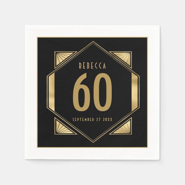 Art Deco Frame 60th Birthday Name Date Gold Black Napkin (Front)