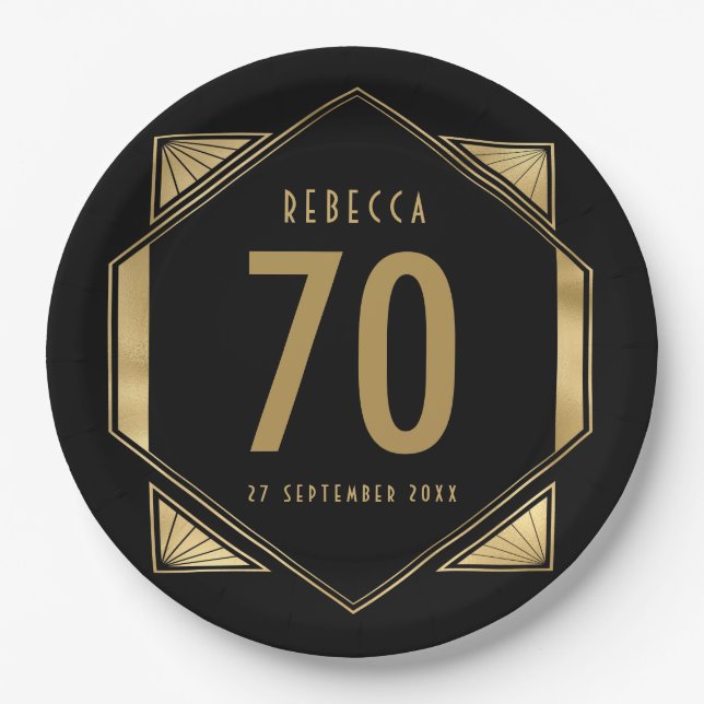 Art Deco Frame 70th Birthday Name Date Paper Plate (Front)
