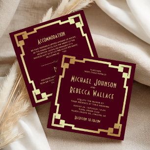 Art Deco Frame Burgundy Gold All in One Wedding Invitation