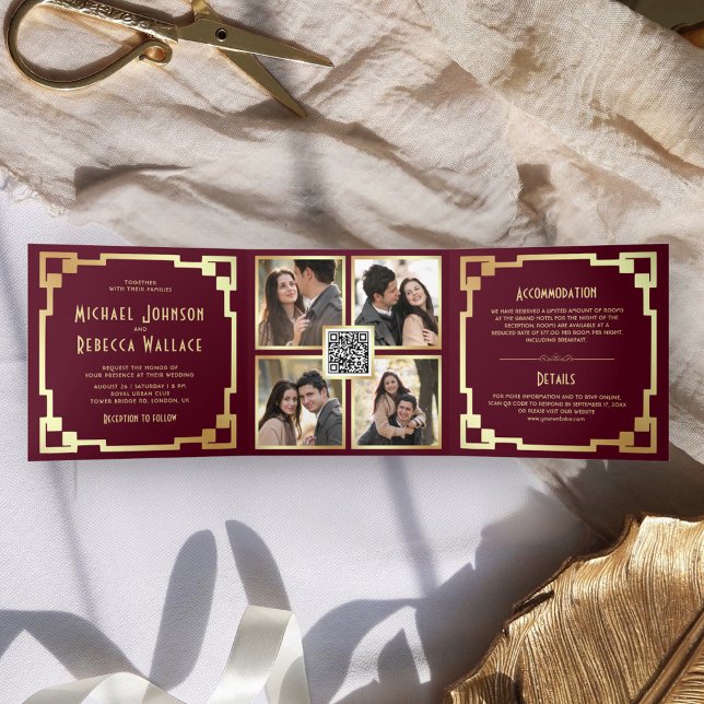 Art Deco Frame Burgundy Gold QR Code Wedding Tri-Fold Invitation (Creator Uploaded)
