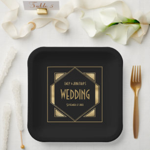 Art Deco Frame Gold Black 1920s Wedding Paper Plate