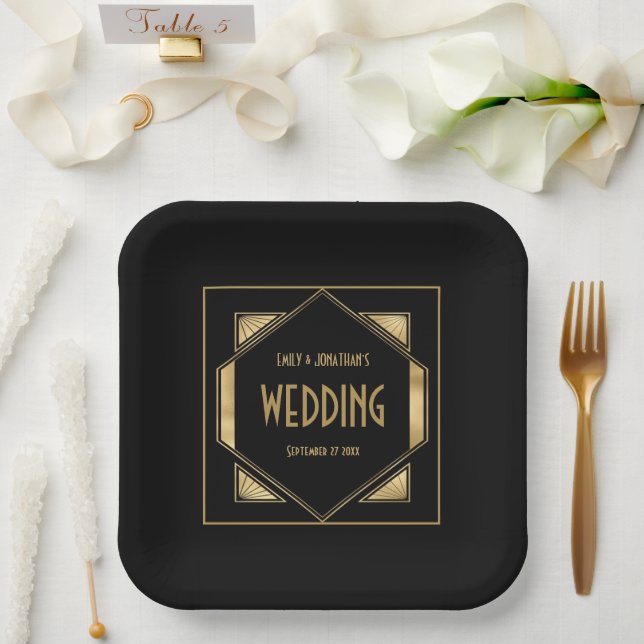 Art Deco Frame Gold Black 1920s Wedding Paper Plate (Wedding)