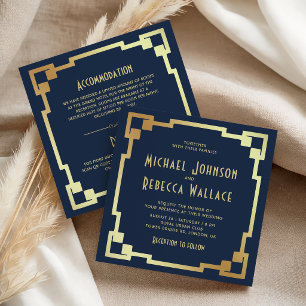 Art Deco Frame Navy Blue Gold All in One Wedding Invitation