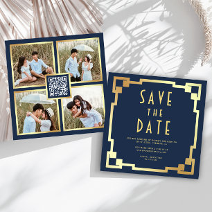 Art Deco Frame Navy Blue Gold QR Code Wedding Save The Date