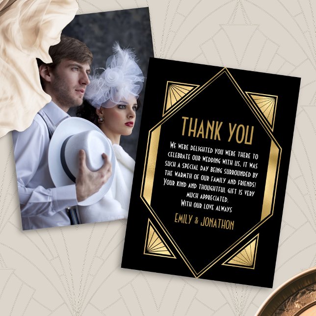 Art Deco Frame Photo Black Gold Wedding Thank You (Front and back view)