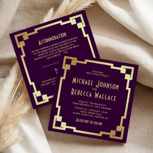 Art Deco Frame Purple Gold All in One Wedding Invitation