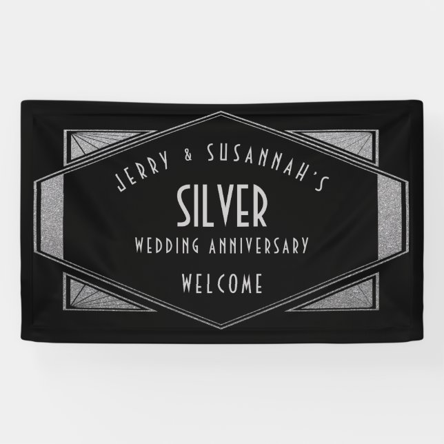 Art Deco Frame Silver Anniversary Names Black Banner (Horizontal)