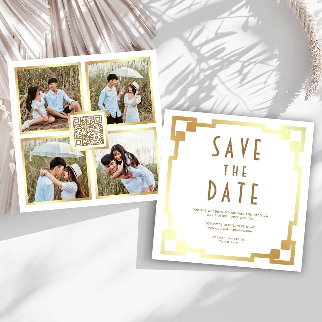 Art Deco Frame White Gold QR Code Wedding Save The Date (Creator Uploaded)