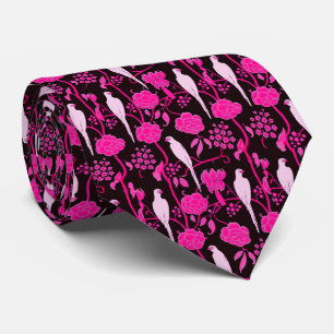 ART DECO FUCHSIA FLOWERS,WHITE PARROTS ON BLACK TIE
