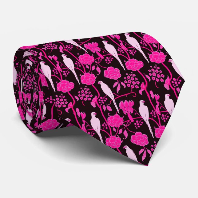 ART DECO FUCHSIA FLOWERS,WHITE PARROTS ON BLACK  TIE (Rolled)