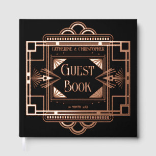 Art deco Gatsby 20's black real foil rose gold Guest Book
