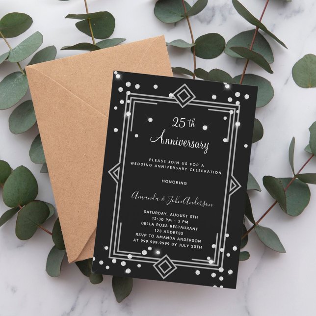 Art Deco Gatsby 25th diamonds wedding anniversary Invitation (Creator Uploaded)
