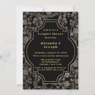 Art Deco Gatsby Black Gold Flower Couples Shower Invitation