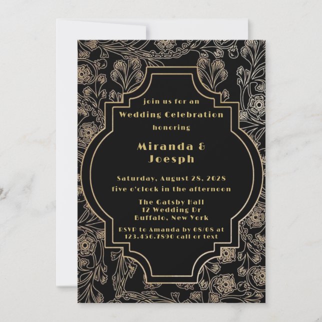Art Deco Gatsby Black Gold Flower Modern Wedding Invitation (Front)