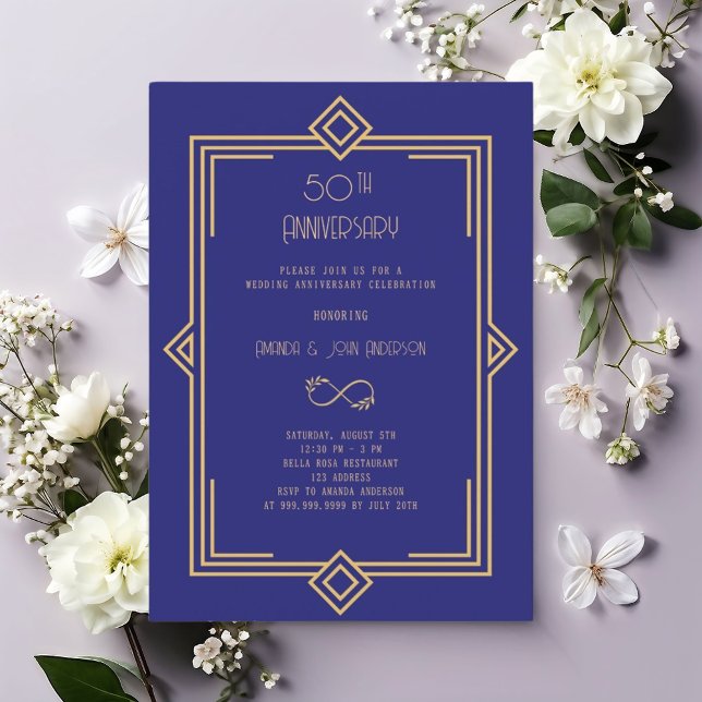 Art Deco Gatsby blue 50th wedding anniversary Invitation (Creator Uploaded)
