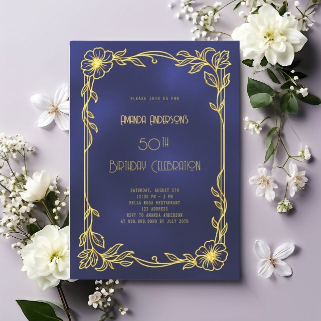 Art Deco Gatsby blue gold birthday Invitation (Creator Uploaded)