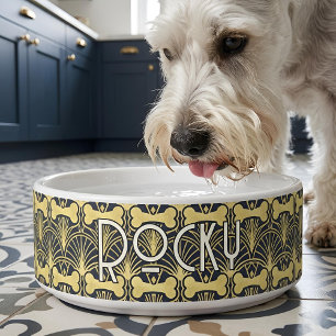 Art Deco Gatsby Bone Custom Name Cermic Pet Bowl