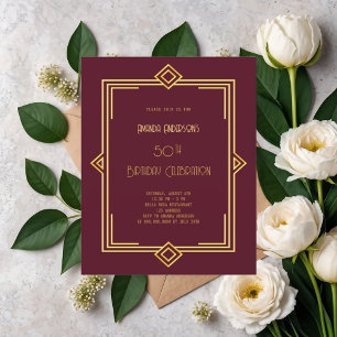 Art Deco Gatsby burgundy gold birthday invitation