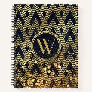 Art Deco Gatsby Glitter Geometric Pattern Monogram Notebook