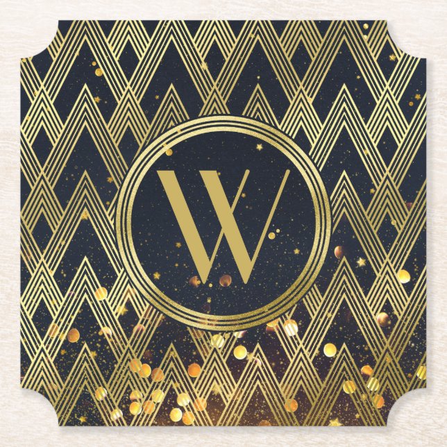 Art Deco Gatsby Glitter Geometric Pattern Monogram Paper Coaster (Front)