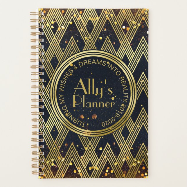 Art Deco Gatsby Glitter Geometric Pattern Monogram Planner (Front)