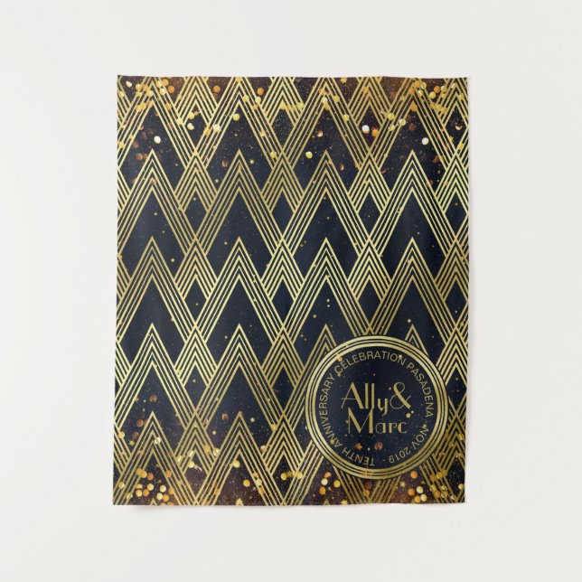 Art Deco Gatsby Glitter Geometric Pattern Monogram Tapestry (Front)