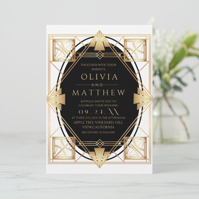 Art Deco Gatsby Gold Geometric Wedding Invitation (Standing Front)