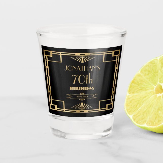 Art Deco Gatsby Roaring 20s Black Gold Birthday Shot Glass (Front)