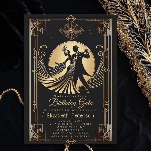 Art Deco Gatsby Roaring 20s Prohibition Birthday Invitation (art deco 1920s gatsby roaring dance dancing couple gold black adult birthday party invitation)