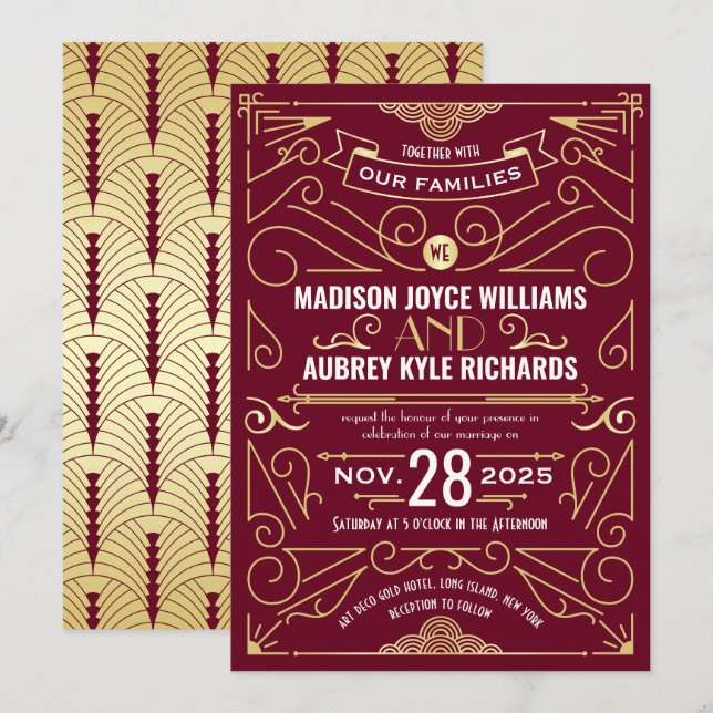 Art Deco Gatsby Wedding Elegant Gold Burgundy Invitation (Front/Back)