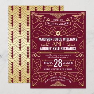 Art Deco Gatsby Wedding Elegant Gold Burgundy Invitation