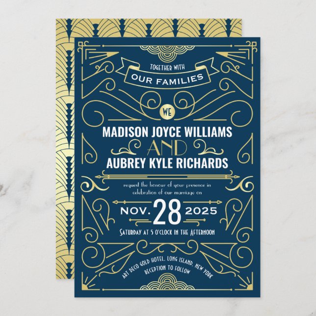 Art Deco Gatsby Wedding Elegant Gold Dark Blue Invitation (Front/Back)