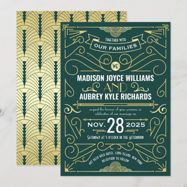 Art Deco Gatsby Wedding Elegant Gold Dark Green Invitation (Front/Back)