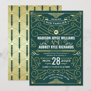 Art Deco Gatsby Wedding Elegant Gold Dark Green Invitation
