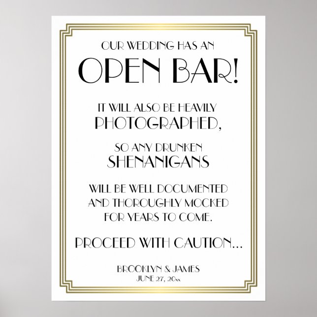 Art Deco Gatsby White And Gold Open Bar Sign 18x24 (Front)