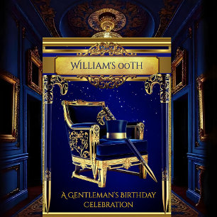 Art Deco Gentlemen Elegant Gold Navy Birthday Invitation