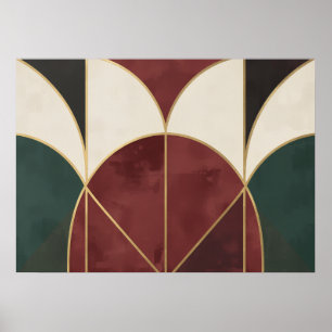 Art Deco Geometric Arcs Green Crimson Gold Poster