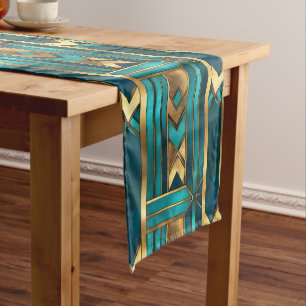 Art Deco Geometric Arrows, Gold and Turquoise Short Table Runner