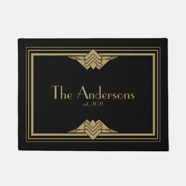 Art Deco Geometric Black Gold Family Name Doormat (Front)