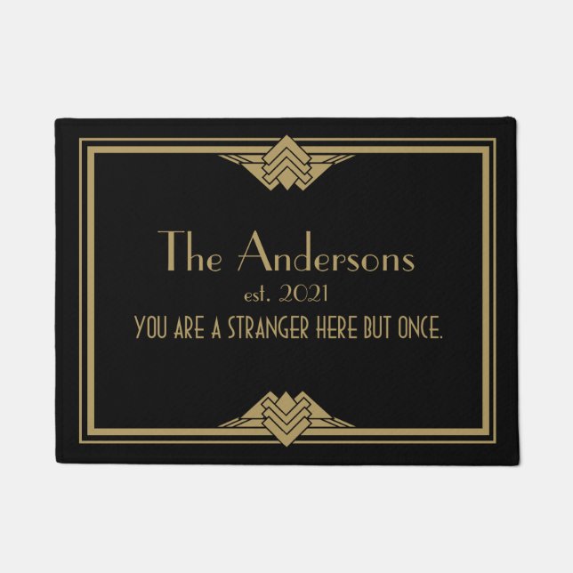 Art Deco Geometric Black Gold Family Name Doormat (Front)