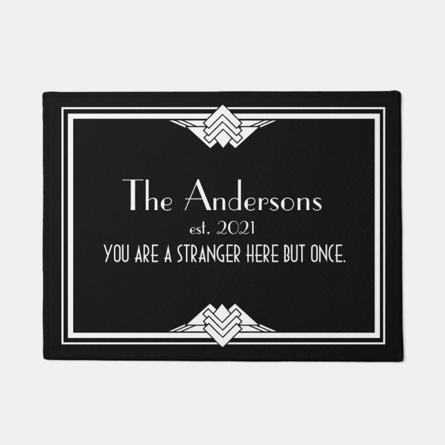 Art Deco Geometric Black White Family Name Doormat (Front)