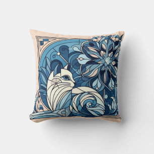 Art deco geometric blue cat. cushion