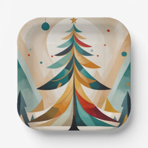 Art Deco Geometric Christmas Feathered Branches Paper Plate