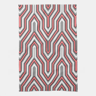 Art Deco Geometric - coral, grey and white Tea Towel