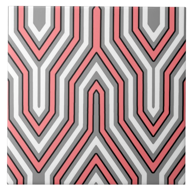 Art Deco Geometric - coral, grey and white Tile (Front)