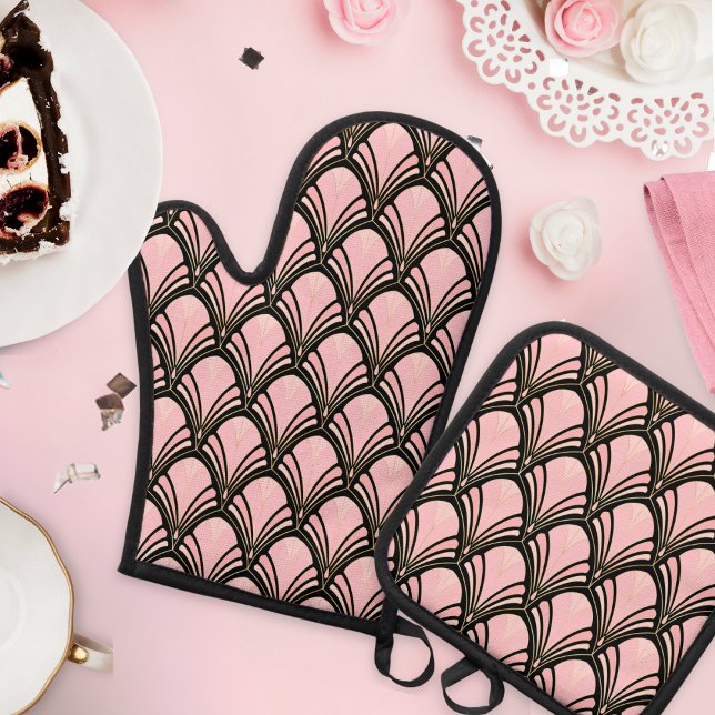Art Deco Geometric Flower Pattern Oven Mitt & Pot Holder Set (Pretty pink Art Deco kitchen essentials.)