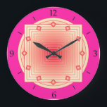 Art Deco Geometric, Fuchsia Pink and Coral Large Clock<br><div class="desc">Clock in overlapping geometric patterns,  consisting on gradient stripes,  ranging from cream to deep coral pink,  on a fuchsia pink background,  with 3-d look diamond shaped accents at the hours.</div>