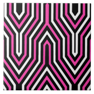 Art Deco Geometric - fuchsia pink, black and white Tile