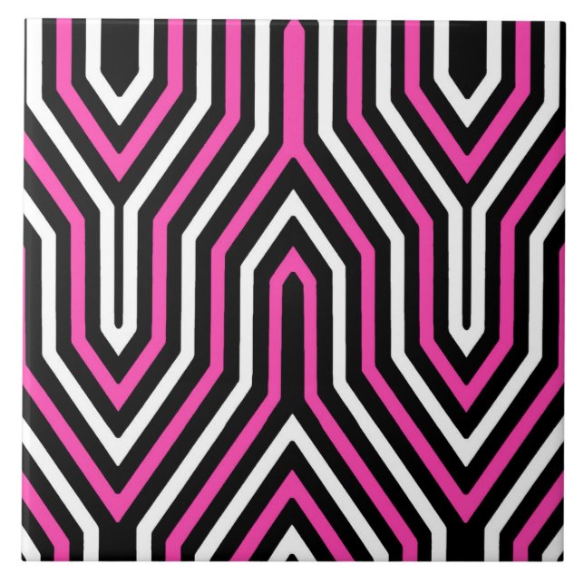 Art Deco Geometric - fuchsia pink, black and white Tile (Front)